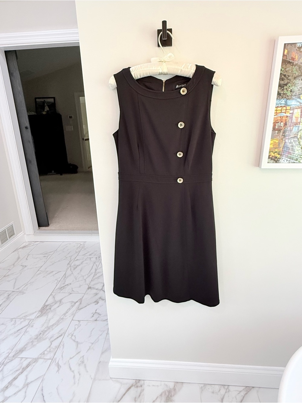 Ellen Tracy Black Sleeveless Shift Dress with Decorative Buttons
